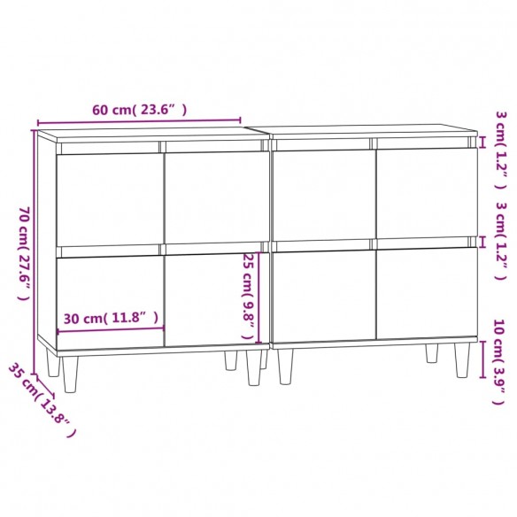 Buffets 2 pcs blanc brillant 60x35x70 cm bois d'ingénierie