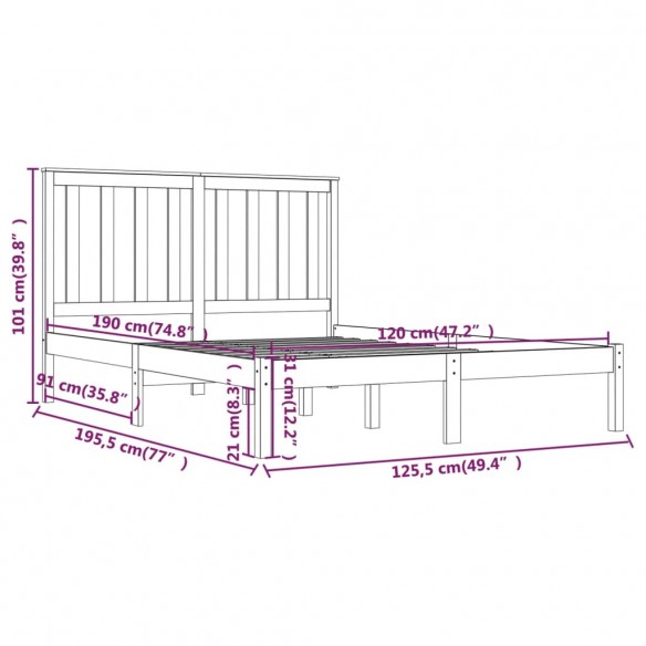 Cadre de lit bois de pin massif 120x190 cm petit double