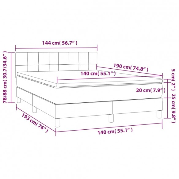 Cadre de lit et matelas et LED Gris clair 140x190 cm