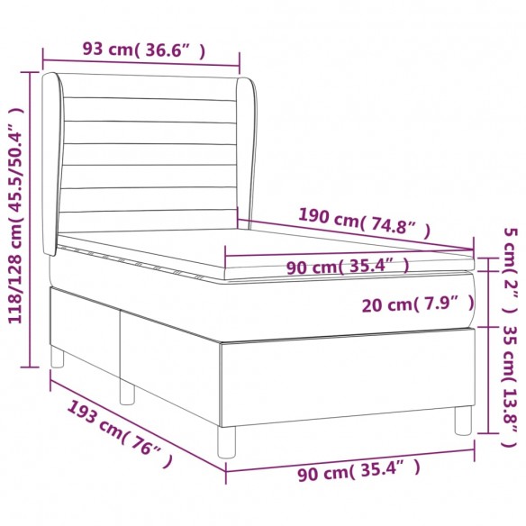 Cadre de lit et matelas Gris foncé 90x190 cm Velours