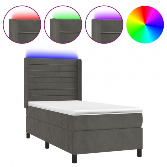 Cadre de lit et matelas et LED Gris foncé 90x190cm