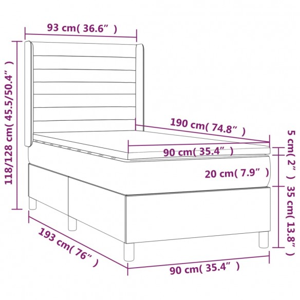 Cadre de lit et matelas et LED Gris foncé 90x190cm