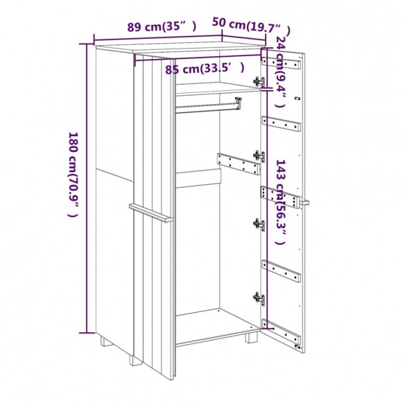 Garde-robe HAMAR Gris foncé 89x50x180 cm Bois massif de pin