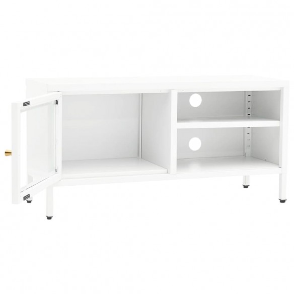 Meuble TV Blanc 90x30x44 cm Acier et verre