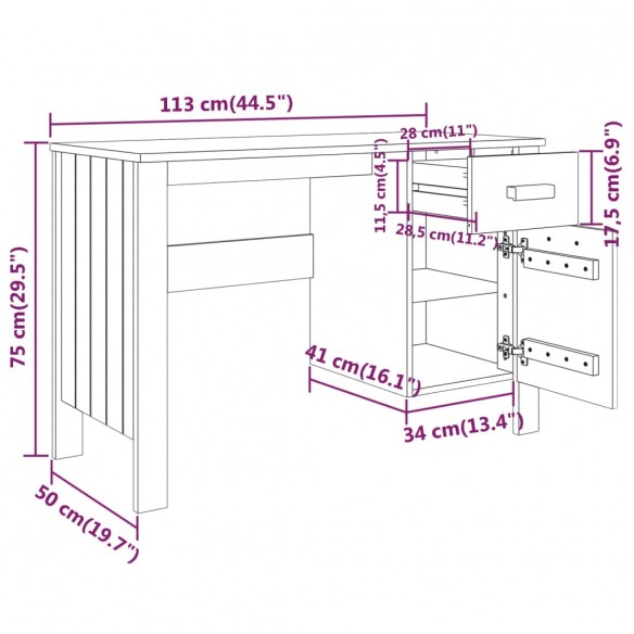 Bureau HAMAR Blanc 113x50x75 cm Bois massif de pin