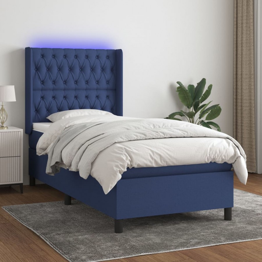 Cadre de lit matelas et LED Bleu 90x200 cm Tissu