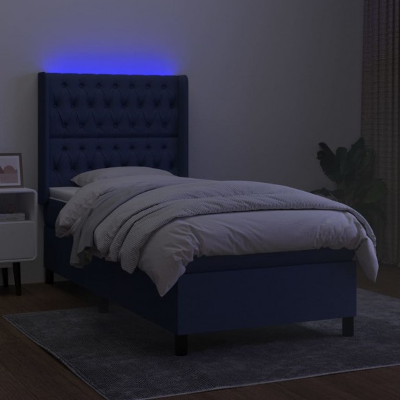 Cadre de lit matelas et LED Bleu 90x200 cm Tissu