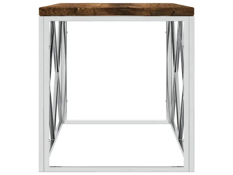 Table basse acier inoxydable et bois massif de récupération