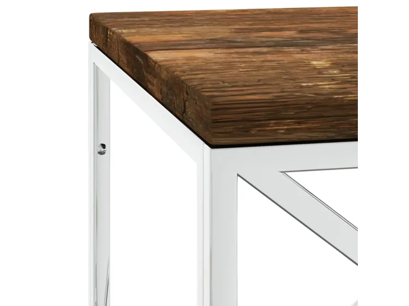 Table basse acier inoxydable et bois massif de récupération