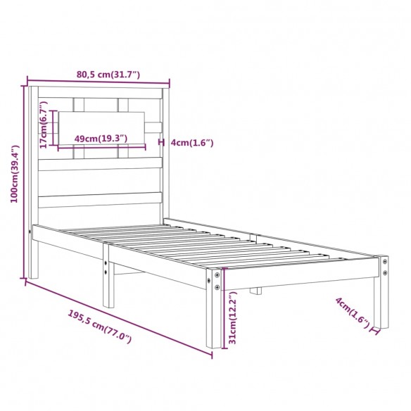 Cadre de lit bois massif 75x190 cm petit simple