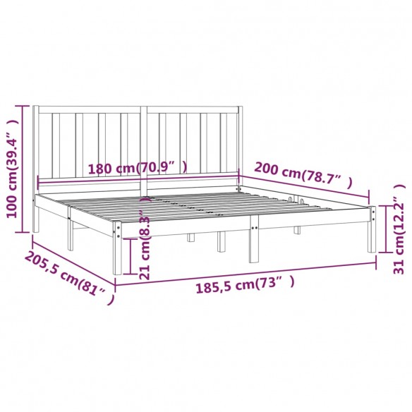 Cadre de lit Gris Bois de pin massif 180x200 cm Super King