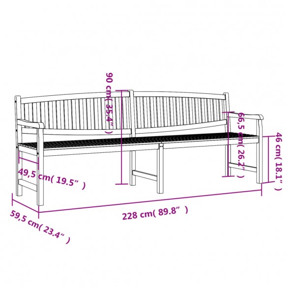 Banc de jardin 228x59,5x90 cm bois de teck solide