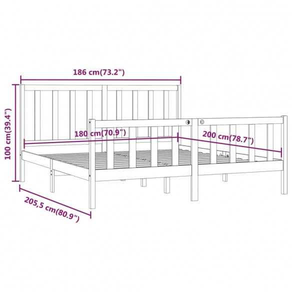 Cadre de lit Noir Bois massif 180x200 cm Super King