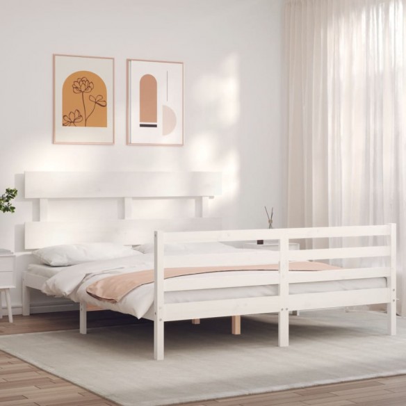 Cadre de lit avec tête de lit blanc King Size bois massif