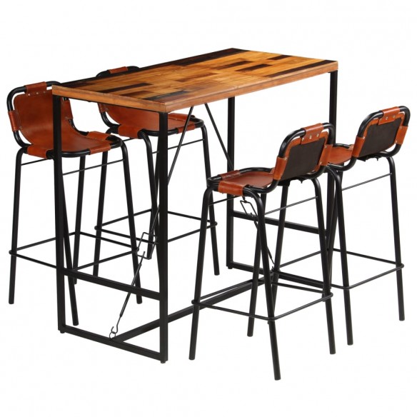 Ensemble de bar 5 pcs Bois massif recyclé et cuir de chèvre