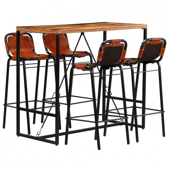 Ensemble de bar 5 pcs Bois massif recyclé et cuir de chèvre