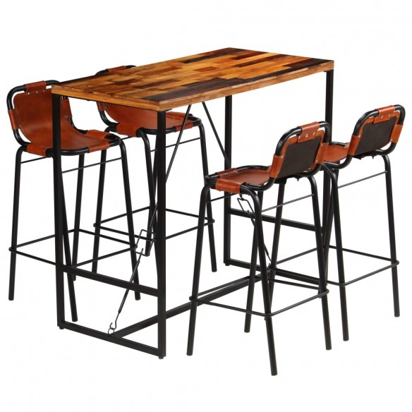 Ensemble de bar 5 pcs Bois massif recyclé et cuir de chèvre