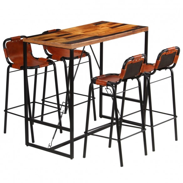 Ensemble de bar 5 pcs Bois massif recyclé et cuir de chèvre