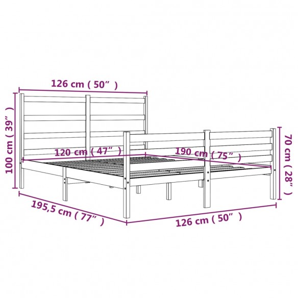 Cadre de lit Marron miel Bois massif 120x190 cm Petit Double