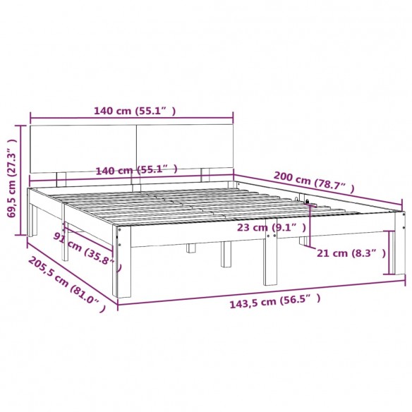 Cadre de lit Marron miel Bois de pin massif 140x200 cm