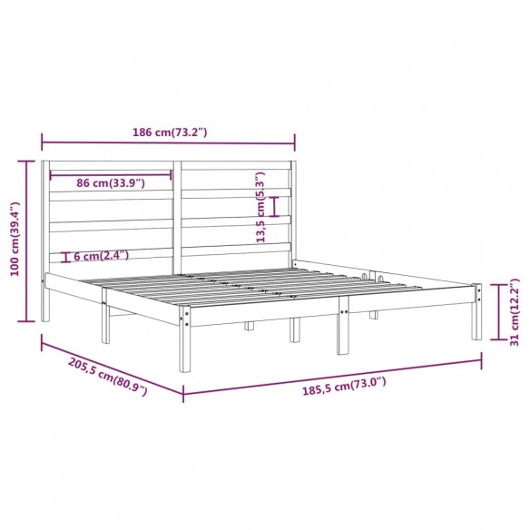 Cadre de lit Gris Bois massif 180x200 cm Super King