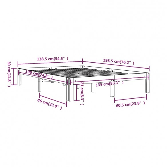 Cadre de lit Marron miel Bois massif 135x190 cm Double