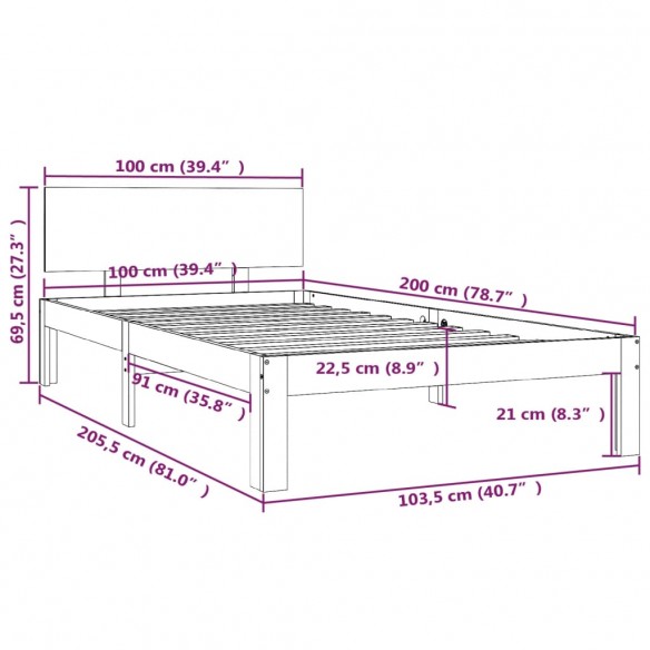 Cadre de lit Bois de pin massif 100x200 cm