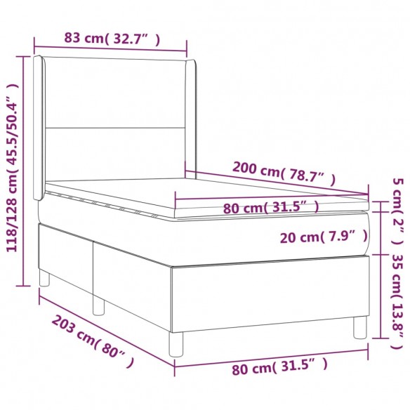 Cadre de lit avec matelas Gris foncé 80x200 cm Tissu