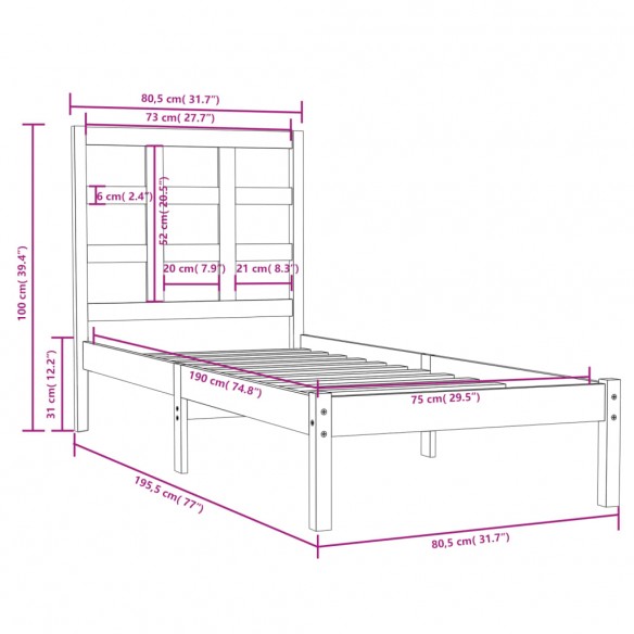 Cadre de lit bois massif 75x190 cm petit simple