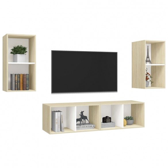 Meubles TV muraux 4 pcs Blanc et chêne sonoma Aggloméré