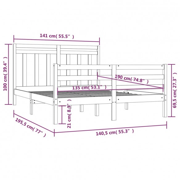 Cadre de lit bois massif 135x190 cm double