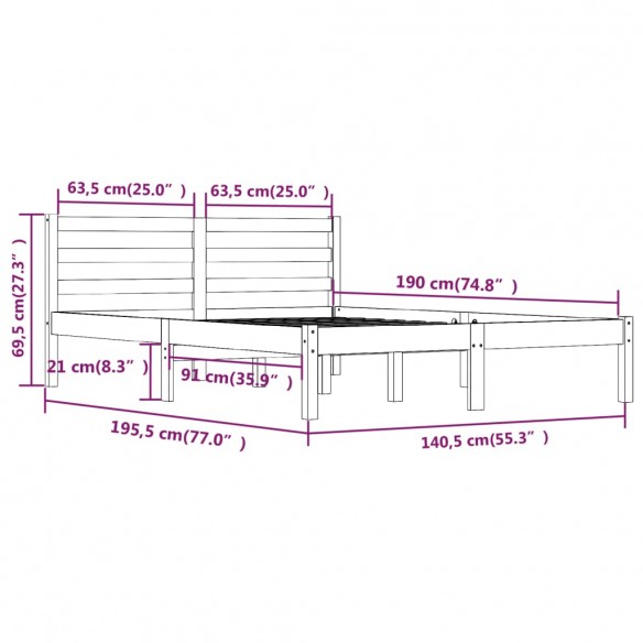 Cadre de lit Bois de pin massif 135x190 cm Gris double