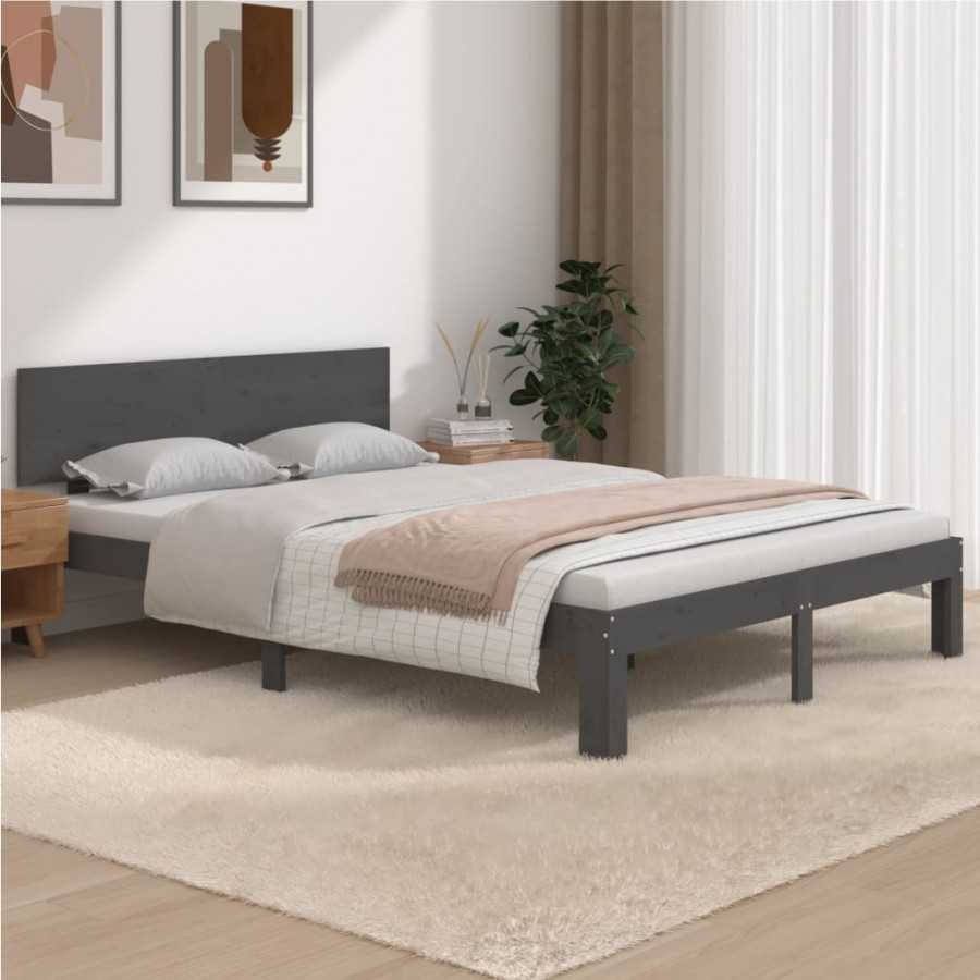 Cadre de lit Gris Bois massif 135x190 cm Double