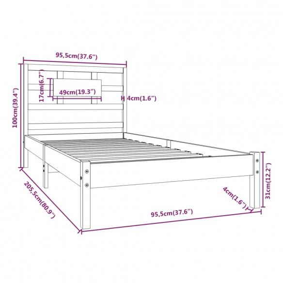 Cadre de lit Bois massif 90x200 cm