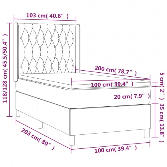 Cadre de lit et matelas Gris clair 100x200cm Velours