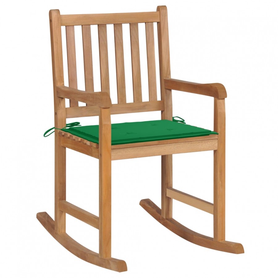 Chaise à bascule avec coussin vert Bois de teck solide