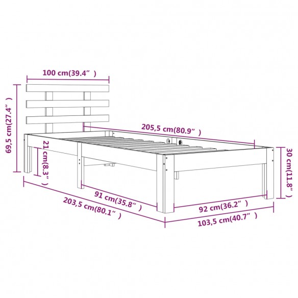 Cadre de lit Bois massif 100x200 cm