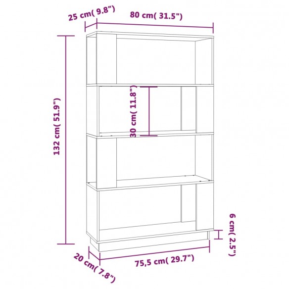 Bibliothèque/Séparateur de pièce Gris 80x25x132 cm Pin solide