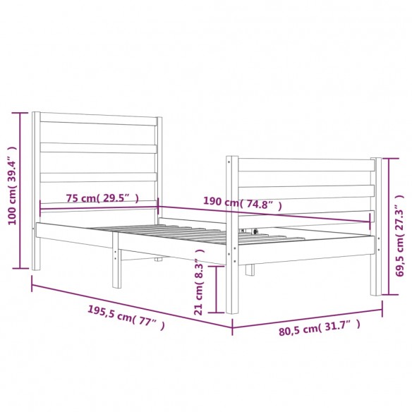 Cadre de lit Blanc Bois de pin massif 75x190 cm Petit simple