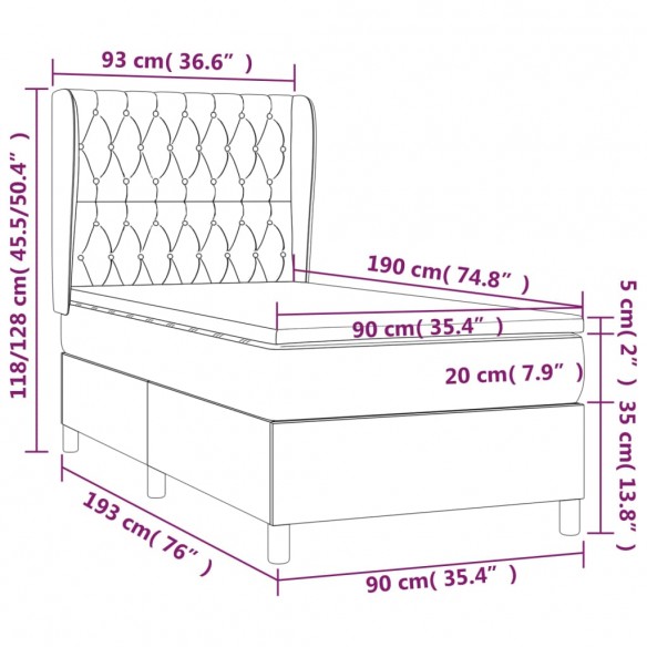 Cadre de lit avec matelas Bleu 90x190 cm Tissu