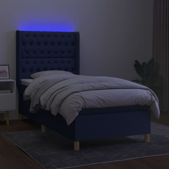 Cadre de lit matelas et LED Bleu 90x200 cm Tissu