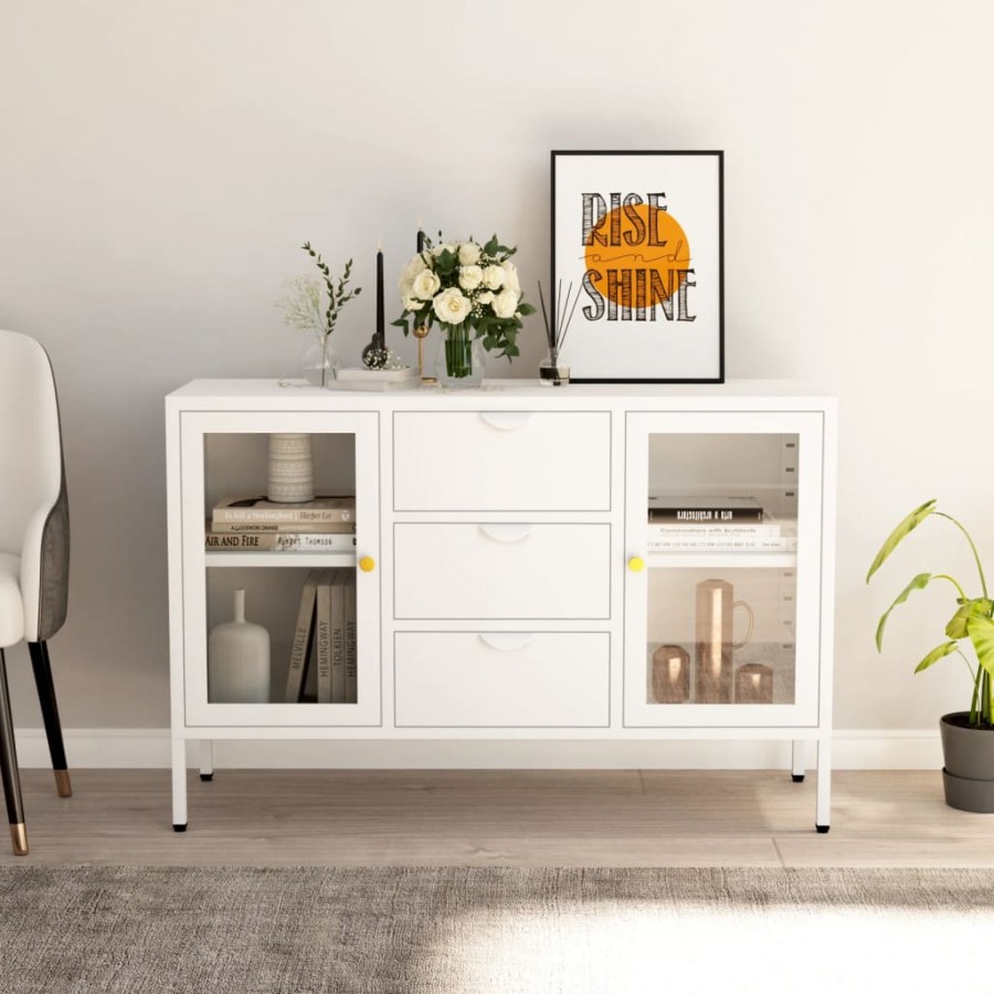 Buffet Blanc 105x35x70 cm Acier et verre trempé