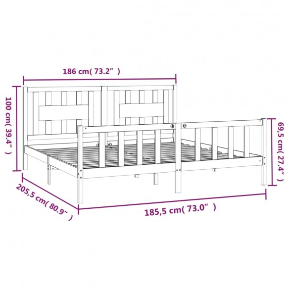 Cadre de lit avec tête de lit blanc bois pin massif 180x200 cm