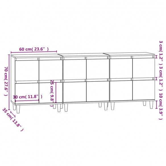 Buffets 3 pcs chêne fumé 60x35x70 cm bois d'ingénierie