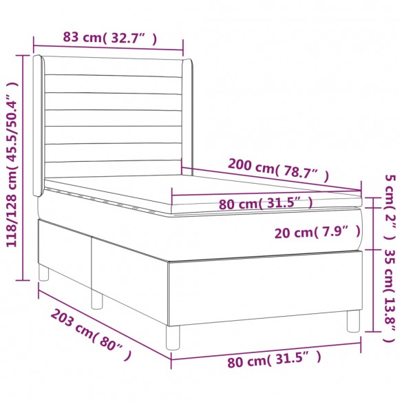 Cadre de lit matelas LED Gris foncé 80x200cm Tissu