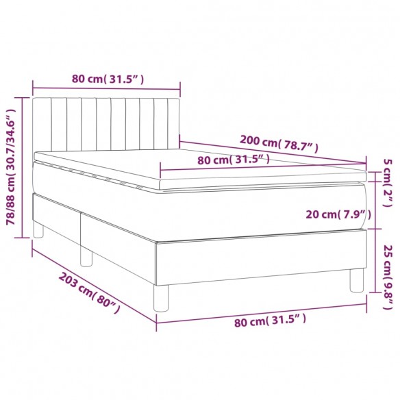 Cadre de lit avec matelas et LED Gris foncé 80x200cm