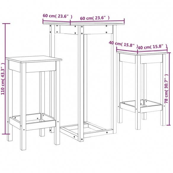 Ensemble de bar 3 pcs Marron miel Bois de pin massif