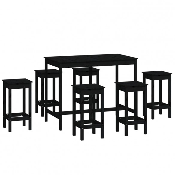 Ensemble de bar 7 pcs Noir Bois de pin massif