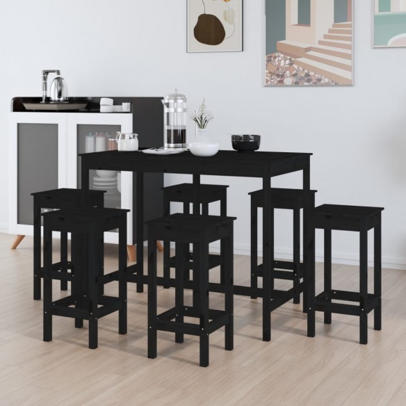 Ensemble de bar 7 pcs Noir Bois de pin massif