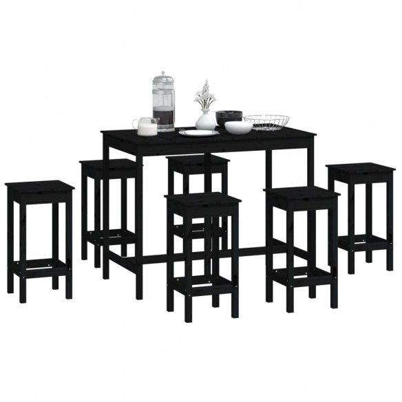 Ensemble de bar 7 pcs Noir Bois de pin massif